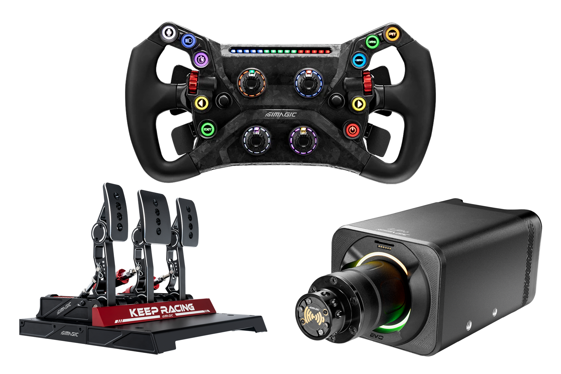 18 volt pedals Simagic Alpha EVO Pro 18nm Wheel Base, GT NEO Steering Wheel & Pedal Set Bundle