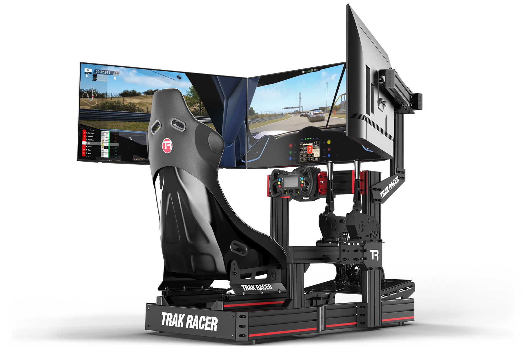 A triple-monitor setup mounted on an 80/20 rig